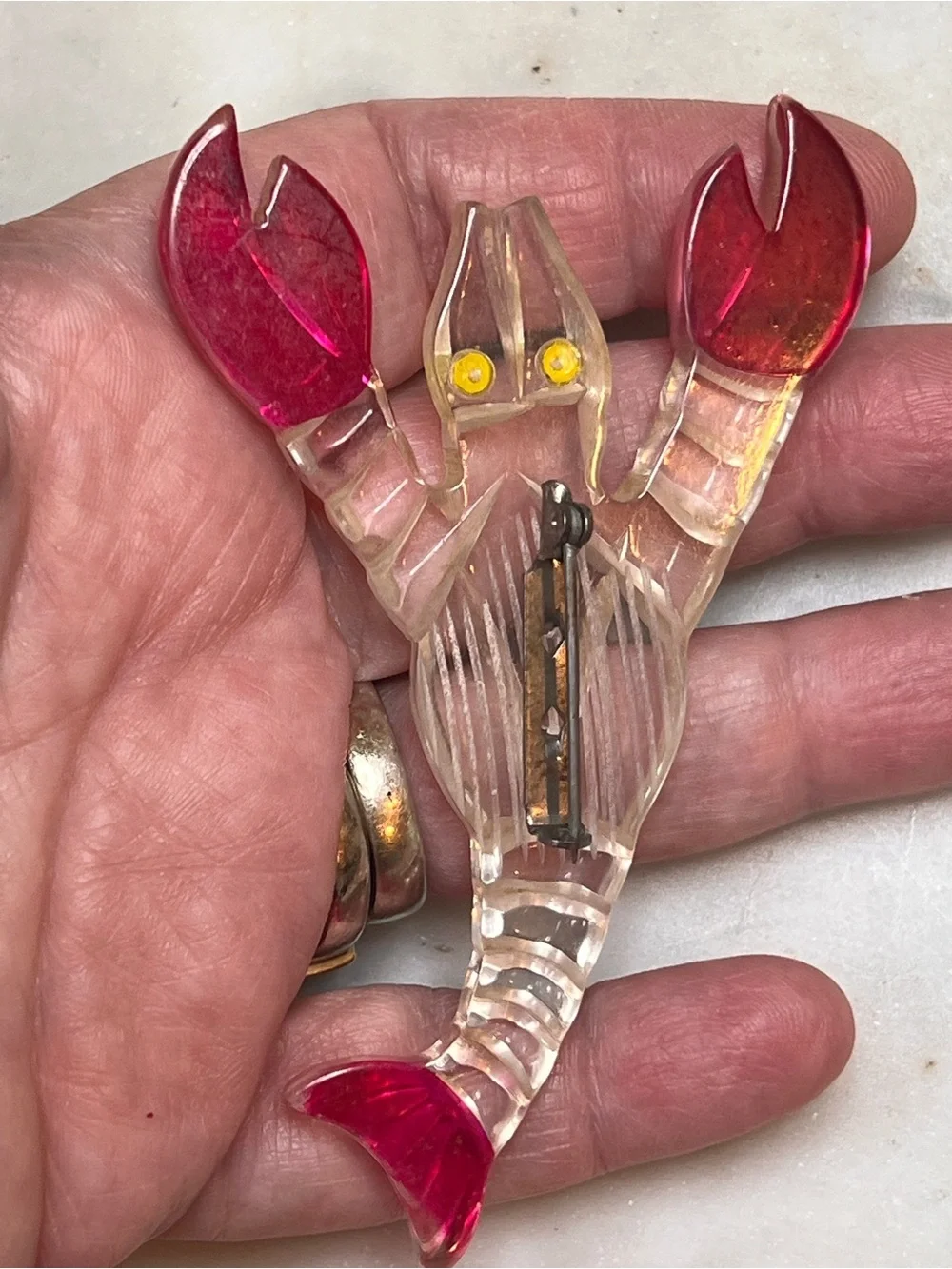 Vintage Clear and Red Carved Lucite Lobster/Crawfish Brooch 3 1/2